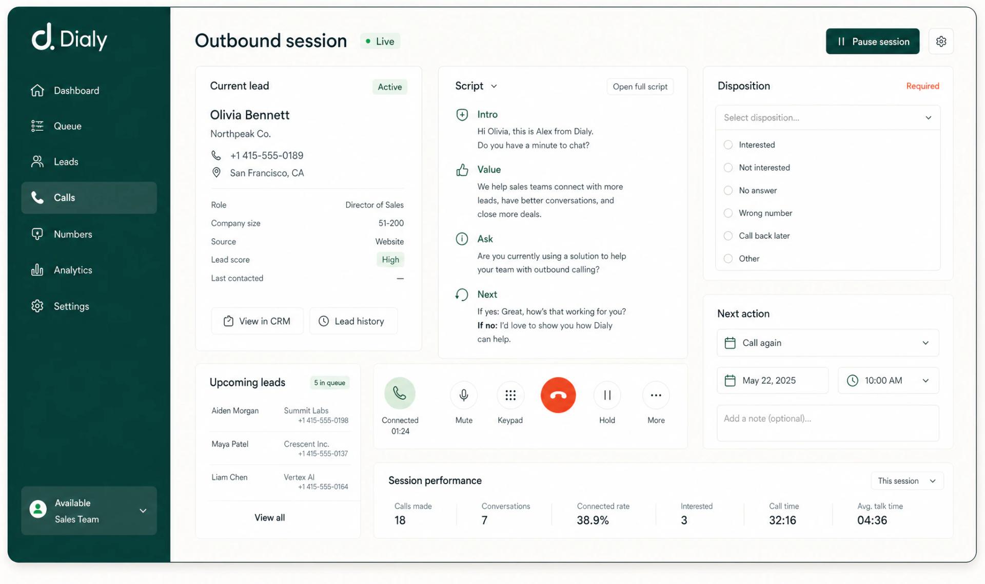 Interface Dialy de session d'appel pour contacter un candidat.